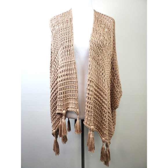 Soft Surroundings Womens Small GALICIA OPEN Knit CROCHET Brown TASSELS Sweater - Picture 2 of 11